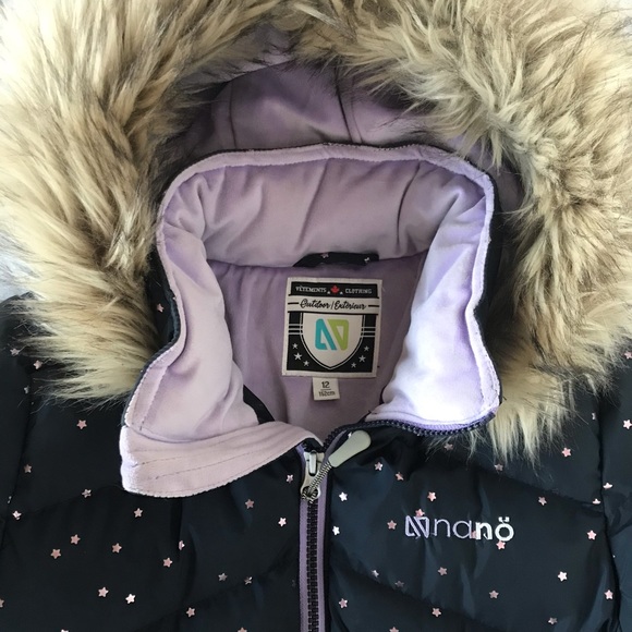 Mid length navy puffer with glittery lavender stars.  Barely worn. - Picture 2 of 4